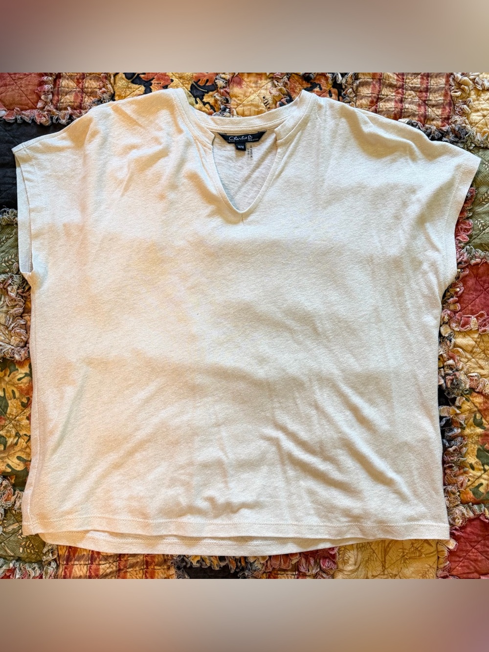 CHARLIE B Cream Short Sleeve V-Neck Tee